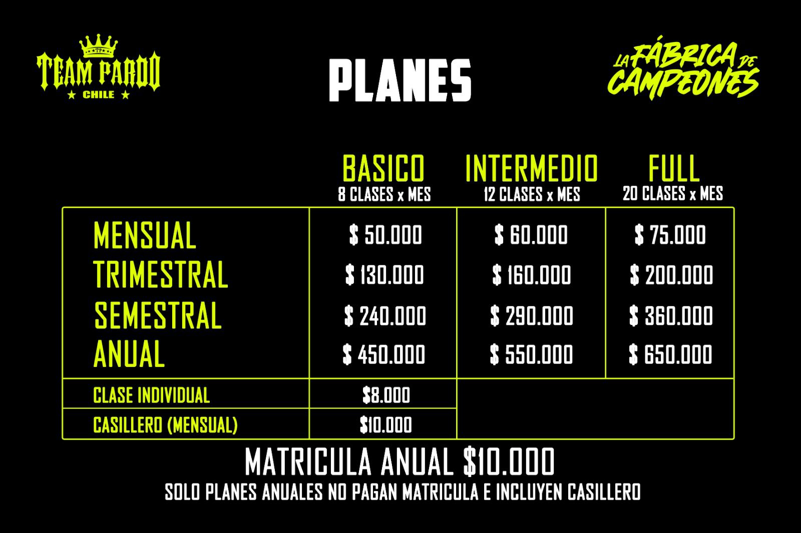 Planes y precios Team Pardo Chile